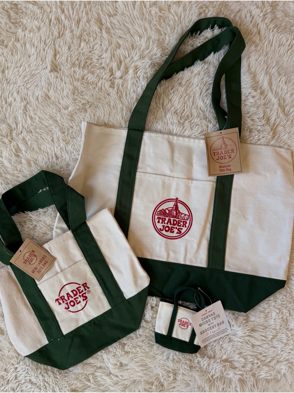 Trader Joe's Canvas Bag in Cream and Dark Green. 3 sizes: Tote, Mini & micro